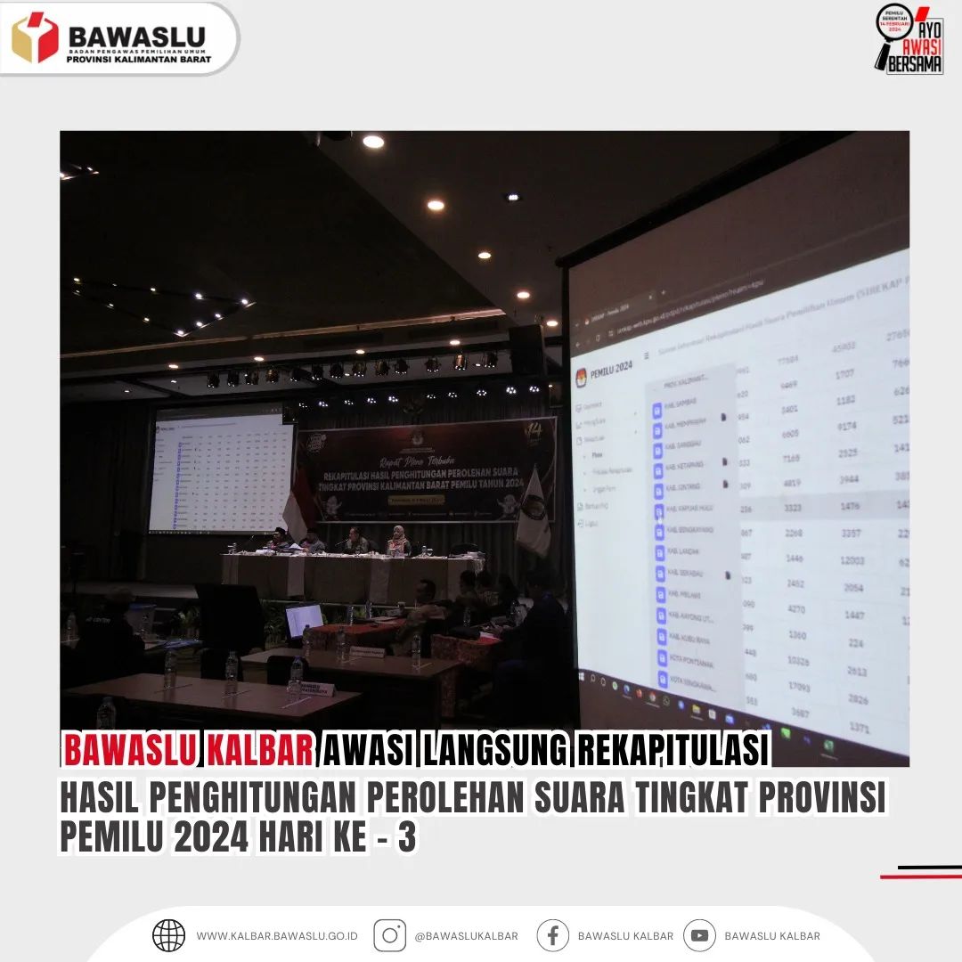 BAWASLU KALBAR AWASI LANGSUNG REKAPITULASI HASIL PERHITUNGAN PEROLEHAN SUARA TINGKAT PROVINSI PEMILU 2024 HARI KE 3