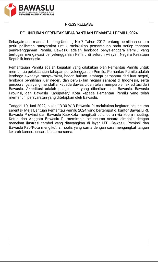 PREES REALEASE Peluncuran Serentak Meja Bantuan Pemantau Pemilu 2024