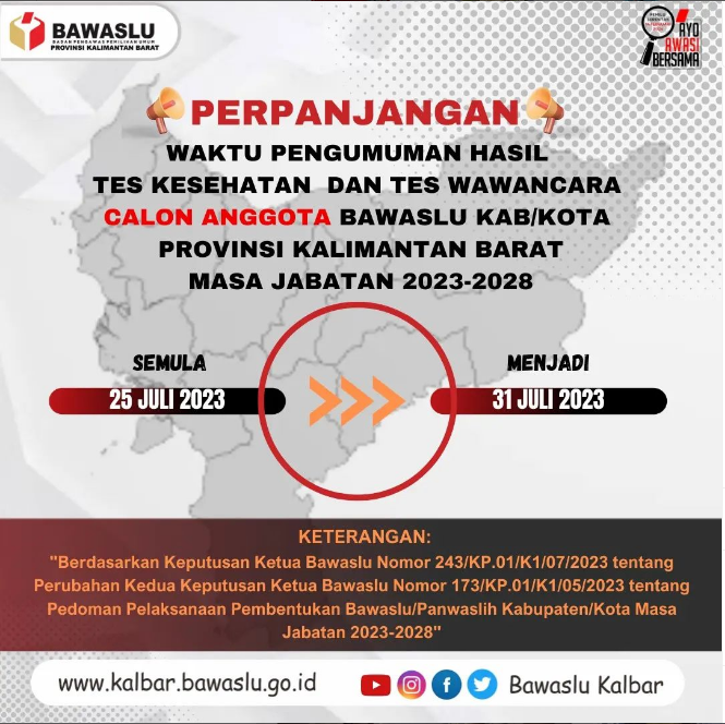 PENGUMUMAN PERPANJANGAN Hasil Tes Kesehatan dan Tes Wawancara Calon Anggota Bawaslu Kabupaten/Kota Provinsi Kalimantan Barat Masa Jabatan 2023-2028Â 