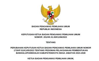 PERUBAHAN KEPUTUSAN KETUA BAWASLU TENTANG PEDOMAN PELAKSANAAN PEMBENTUKAN BAWASLU/PANWASLIH KABUPATEN/KOTA MASA JABATAN 20234 - 2028